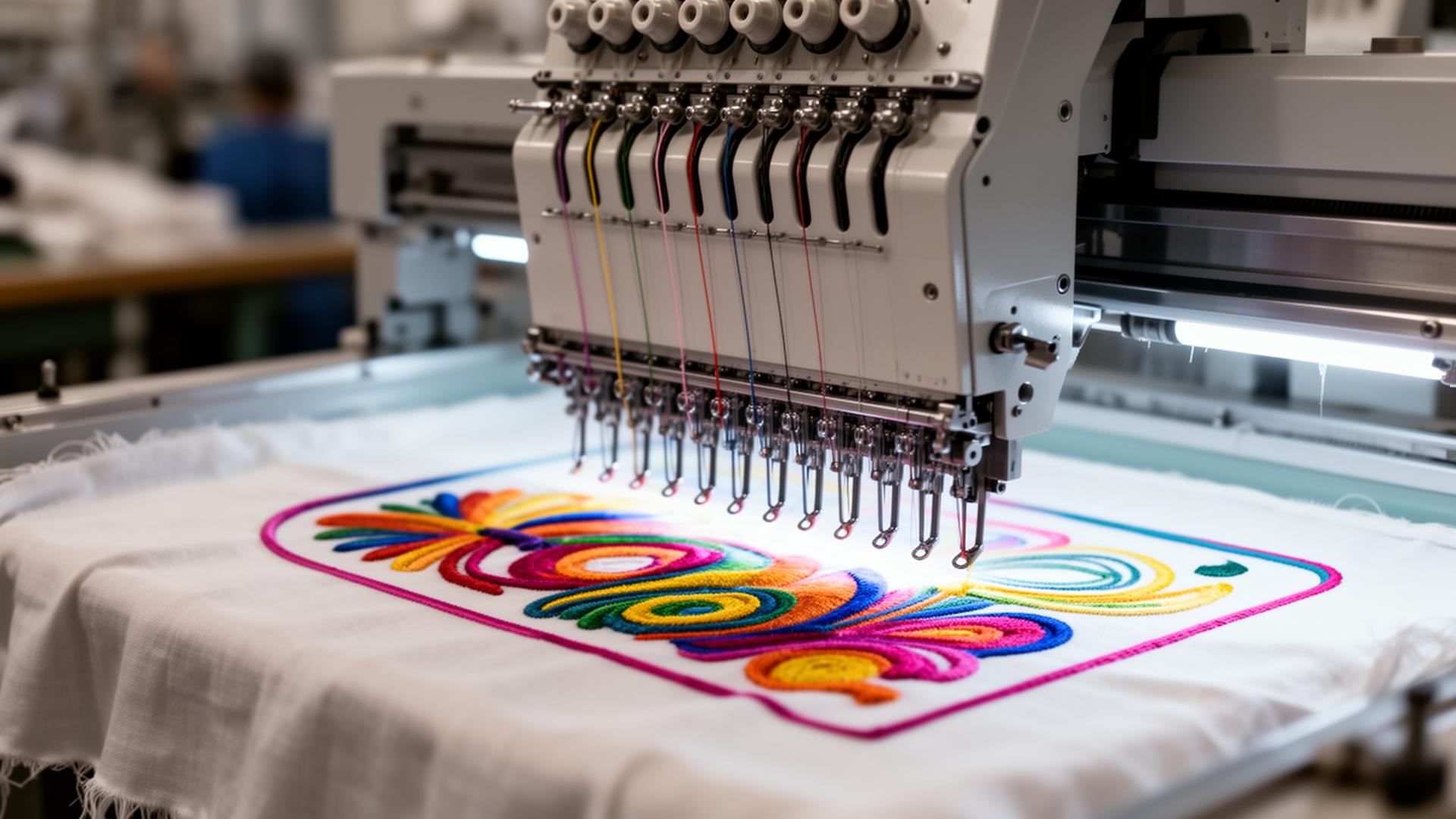 Computerized embroidery machine stitching a colorful design